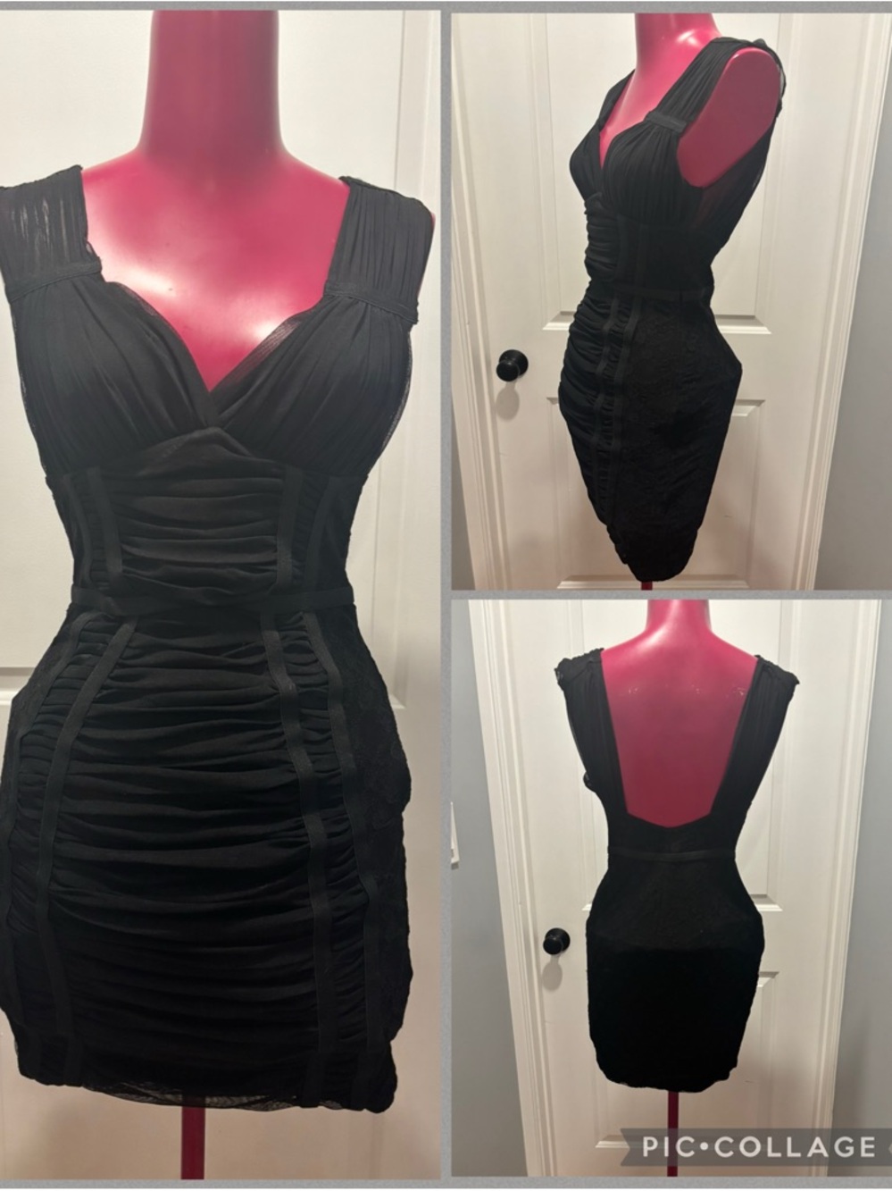 Black Ruched V-Neck Bodycon Dress - Classic Evening Style black label H&M 8